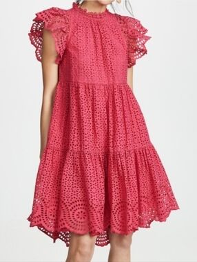 Ulla Johnson Norah Eyelet Fuscia Pink Midi Bohemian Flutter Sleeve Dress